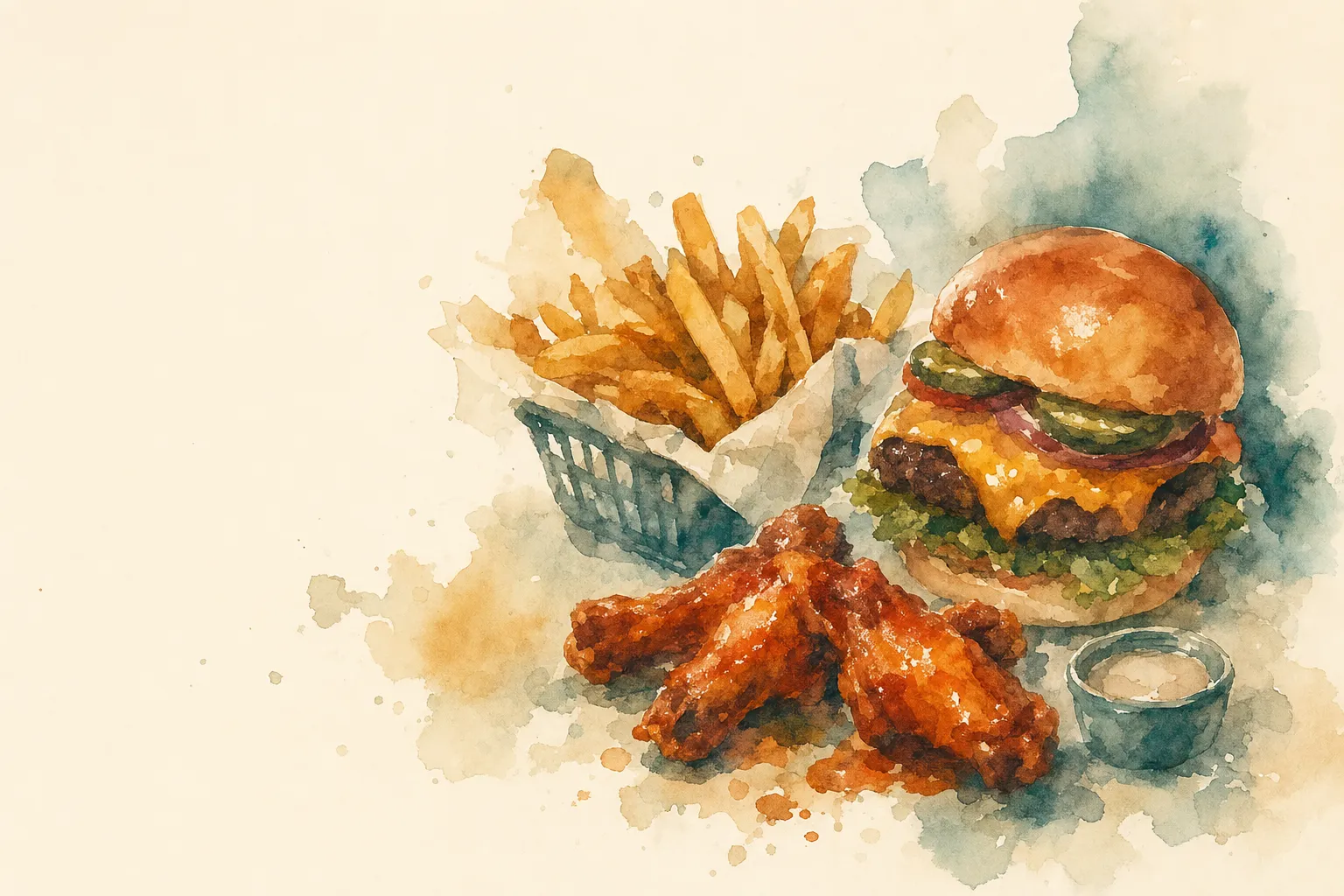 Aquarell eines amerikanischen Game-Day-Buffets mit Burger, Pommes und Wings